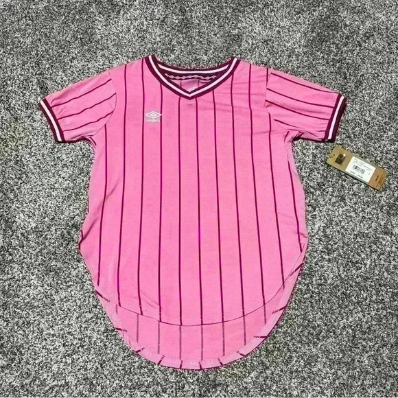 Umbro Girls Shirt Striped Pink - Medium 10/12 - NWT - Picture 1 of 9